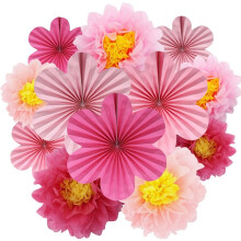 12 Pcs Paper Flower Fans & Paper Flowers Pompoms Rose Peach Hanging Garland Decoration for Wedding Birthday Party