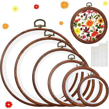6 Maten Imitatie Houten Ronde Borduurringen Frame met 16 Naalden - Ronde Rubberen Ringen voor Knutselen, Naaien, DIY Ophangen