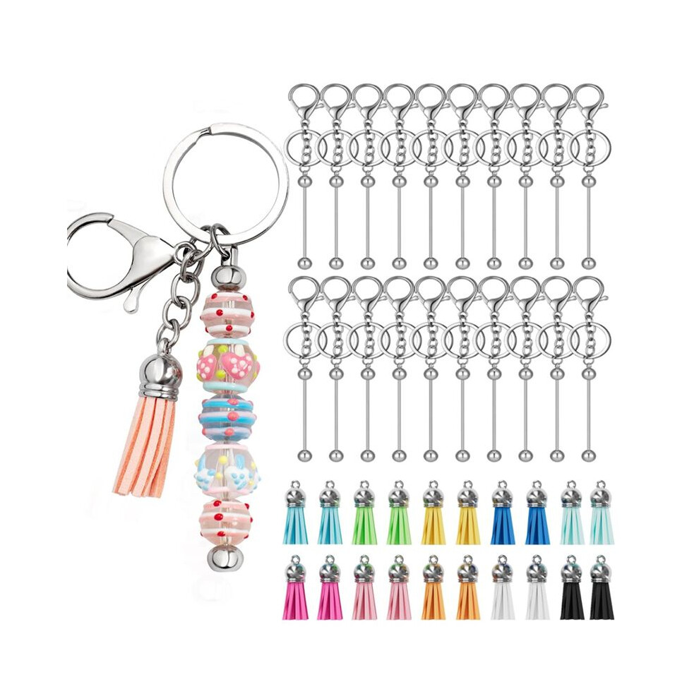 40Pcs Beadable Keychains Bars - Diy Blank Beaded Keychain With Strips And Colorful Leather Tassel Loose For Diy Keychain 6031881771677
