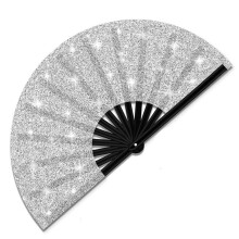 Glitter Large Rave Folding Hand Fan for Men/Women Handheld Fan for EDM,Festival,Club,Party,Dance Silver