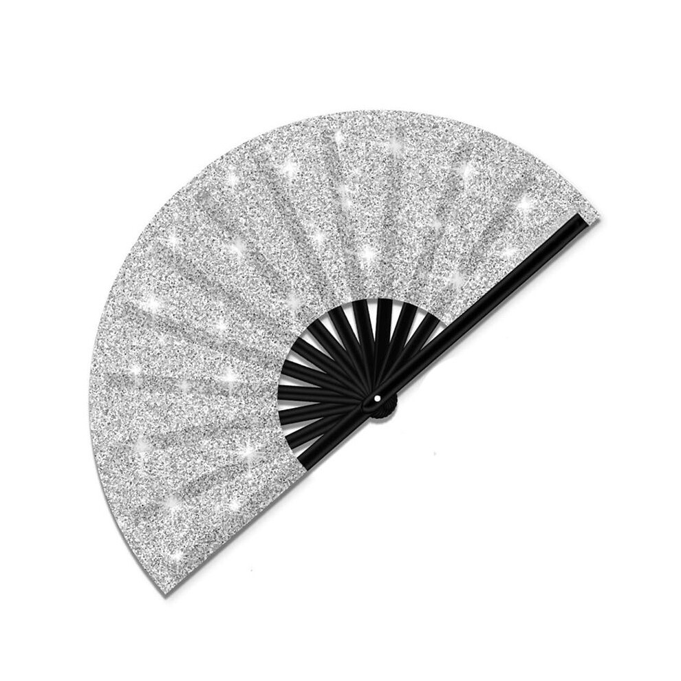 Glitter Large Rave Folding Hand Fan for Men/Women Handheld Fan for EDM,Festival,Club,Party,Dance Silver