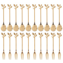 Dessert Spoon Fork Set,20 Pcs 4.7 Inch Cake Fork,Coffee Spoon, Gold Leaf Fruit Fork,(10 Spoon + 10 Fork)
