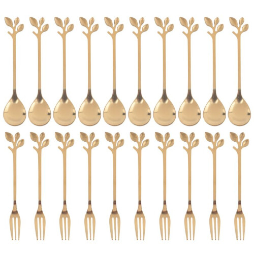 Dessert Spoon Fork Set,20 Pcs 4.7 Inch Cake Fork,Coffee Spoon, Gold Leaf Fruit Fork,(10 Spoon + 10 Fork)