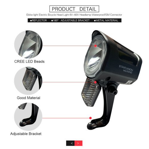 QD252 Front Light for Electric Bicycle 2 Pin 180Adjustable Bracket LED Beads for Ebike Conversion Kit,SM Connector 2