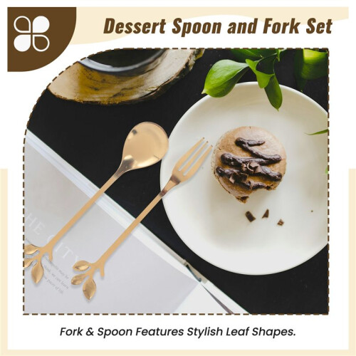 Dessert Spoon Fork Set,20 Pcs 4.7 Inch Cake Fork,Coffee Spoon, Gold Leaf Fruit Fork,(10 Spoon + 10 Fork)