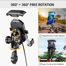 Aluminium Motorfiets Telefoonhouder Anti-Diefstal Metalen Fiets Mobiele Telefoonhouder met 15W Draadloos & USB C 20W Snelladen