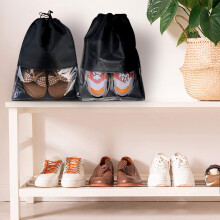 15 PCS Travel Shoe Bag, Portable Drawstring Shoes Storage Bags Non-Woven Dust Proof Pouch Space Saving Organizer Black