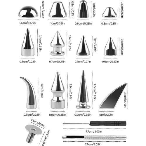 270Set Spikes and Studs,Mixed Shape Punk Spike Rivets Metallic Cone Screw Back Studs with Install Tool for Leather 1