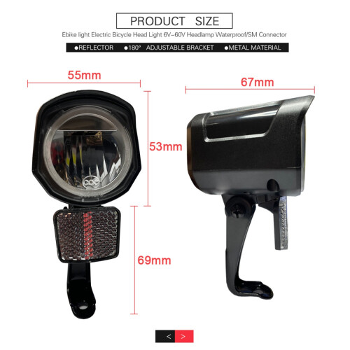 QD252 Front Light for Electric Bicycle 2 Pin 180Adjustable Bracket LED Beads for Ebike Conversion Kit,SM Connector 1