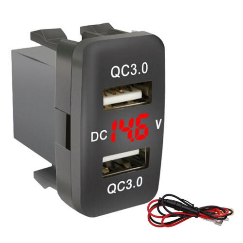 Car Dual USB3.0 Fast Charge con Display Voltmetro Caricabatteria da Auto Nero e Rosso per