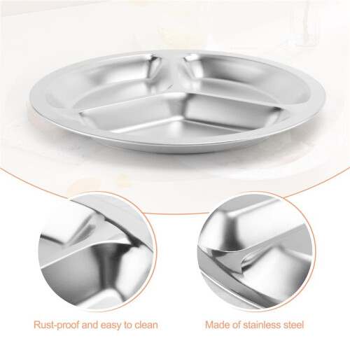 Edelstahl 3 Abschnitte Runde Geteiltes Gericht Snack Abdendessen Teller Durchmesser 24Cm 2