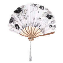 Chinese Gray Peony Blossom Fabric Bamboo Folding Dancing Hand Fan White