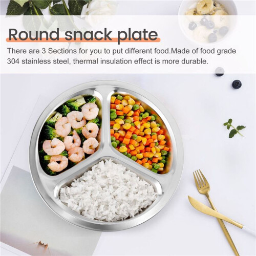Edelstahl 3 Abschnitte Runde Geteiltes Gericht Snack Abdendessen Teller Durchmesser 24Cm 1