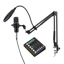 Podcast Equipment Bundle Condenser Microphone Live Sound Card Kit 16cm Black