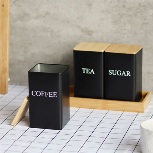 3Pcs Three-Piece Sealed Cans  Simple Style Bamboo Lid Iron Tea Can Snack Storage Coffee Bean Square Can,White 2