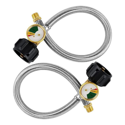 Pigtail de Mangueira de Propano RV de 15 Polegadas com Medidor para Tanques de 5-40Lb - Pacote de 2 Mangueiras de Propano TrançAdas InoxidáVeis