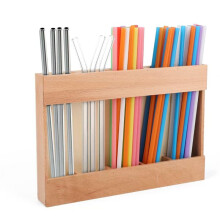 Wooden Reusable Straw Dispenser Organizer Adhesive No Drill Installation Eco-Friendly Countertop Storage