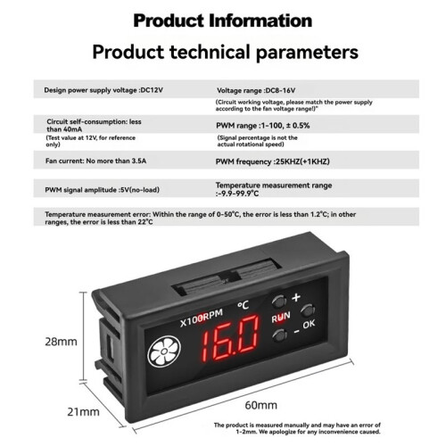 PWM Fan Temperature Controller Speed Controller LED Digital Display Temperature Speed Meter with Temperature Sensor 1