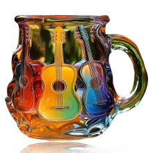 Colorful Guitar Design Coffee Mug, 3D Musical Instrument Pattern, Rainbow Glass Cup for Music Lovers