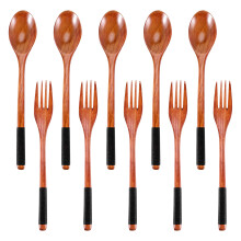 Wooden Spoons Forks Set Japanese Style Wooden Utensils Set for Eating Wood Flatware Set Reusable (Black Cords,10 Pieces)