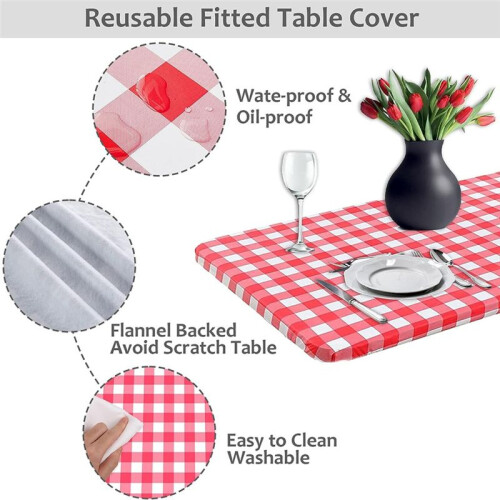 3 Pcs Fitted Tablecloth for Table,Stretch Waterproof Elastic Vinyl Picnic Table Cover with Flannel Backed Lining(Red) 2