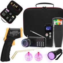 Kit 11 Pièces avec Compteur EMF, Enregistreur EVP, Radio Portative, Haut-Parleur, Thermomètre Infrarouge et Tiges de Détection en Laiton.