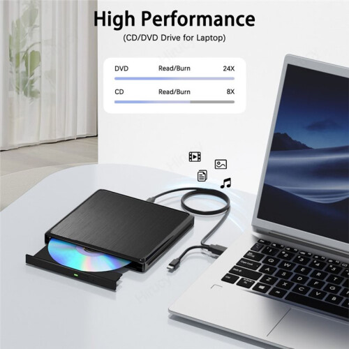 Unidade Óptica Externa USB 3.0 para CD/DVD RW com Cabo de Dados Longo, Compatível com Laptops e Peças de Mesa (11, 10 Polegadas). 1