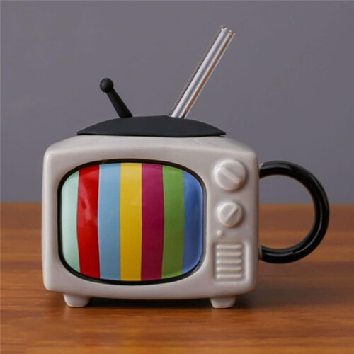 Ceramic Square Coffee Cup Set with Straw and Lid Office Tea Cup Retro TV - Chocolate 1