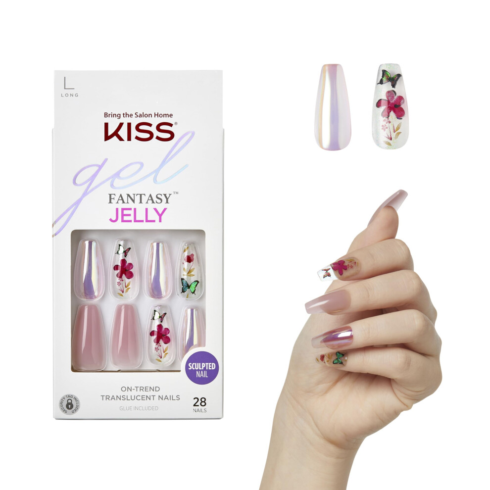 Kiss Jelly Fantasy Sculpted Ready-To-Wear Fake Nails,- Jelly Cookie, Flowery, Long, Coffin Shaped, Smudge Proof, Waterproof, No Dry Time, Durable, Diy