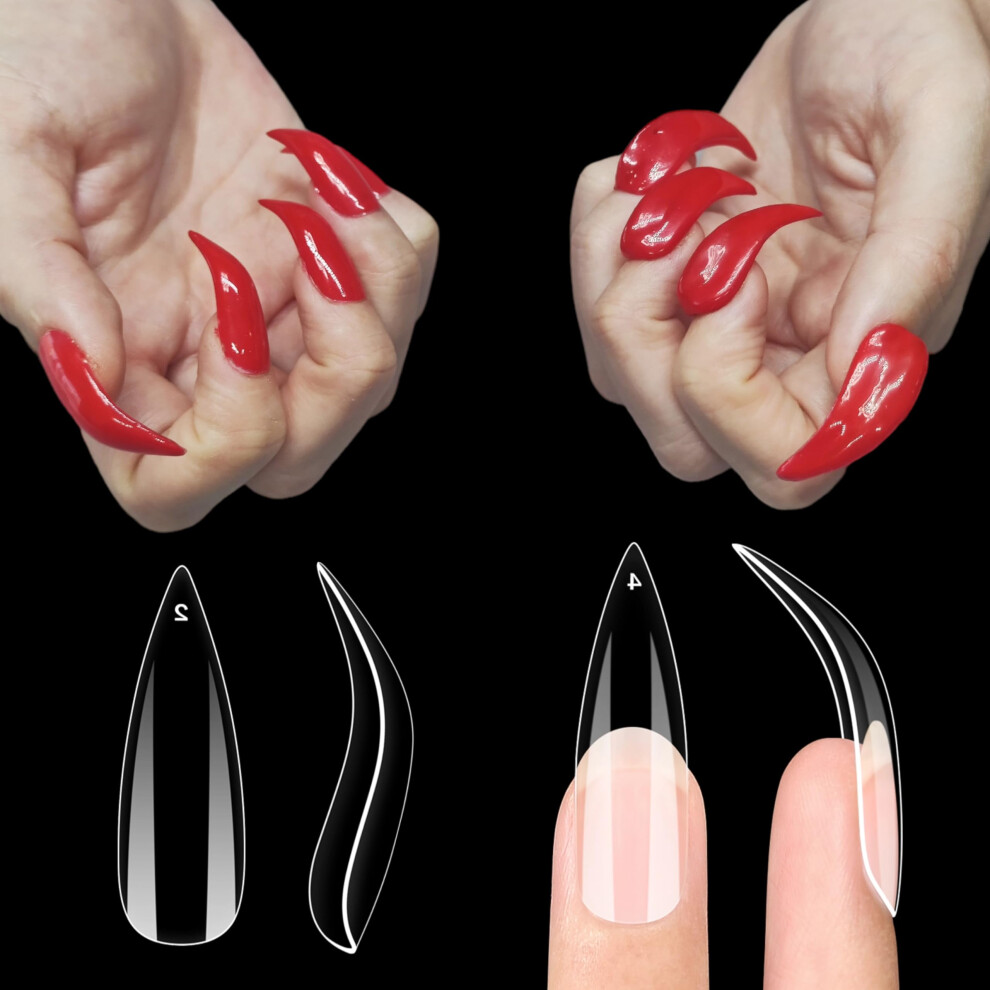 Novo Ovo Nail Tips Curved Stiletto, Clear Gel X Extension Kit Full Cover To Make Press On 3D Eagle Claw Nails, Thick Extra Hawk Deep Curve Almond Fren