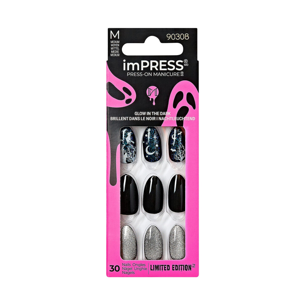 Impress Blue Kiss Press-On Manicure Halloween, Medium Length, Almond Shape, Purefit Technology, Chip Proof, Smudge Proof, Waterproof, Prep Pad, Mini