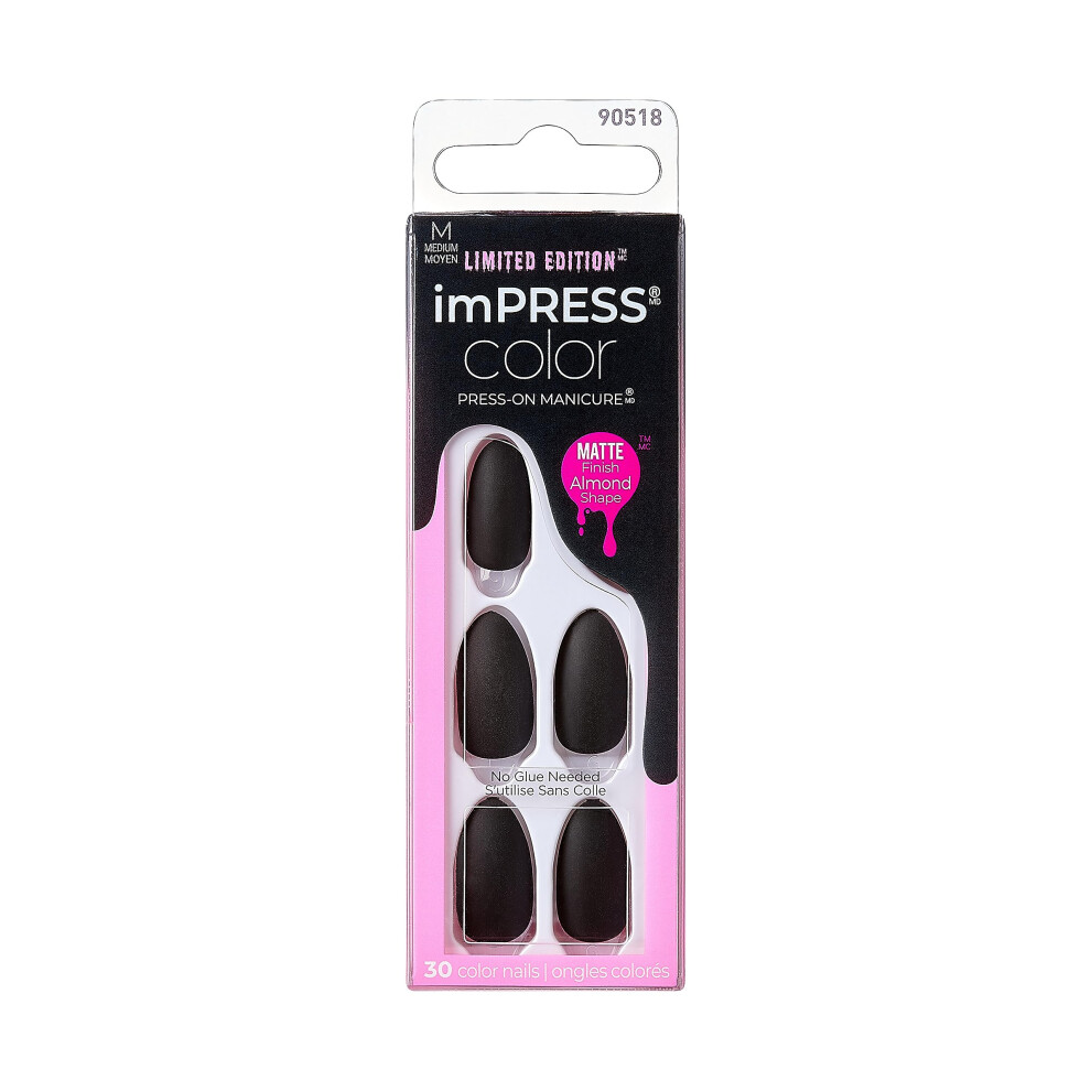 Impress Black Color Press-On Nails, Halloween, No Glue Needed, Medium Almond, 33 Ct.