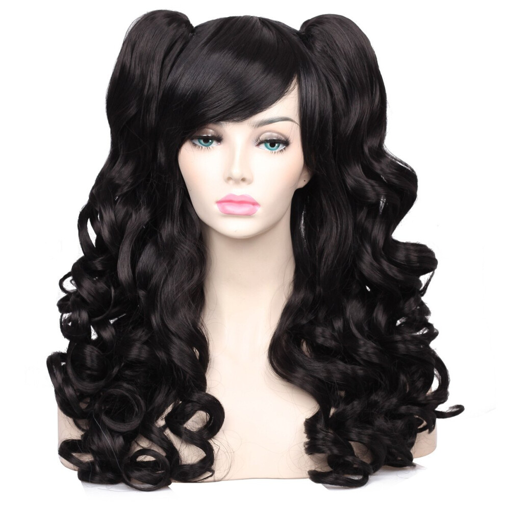 Colorground Unisex Black Long Curly Cosplay Wig With 2 Ponytails(Black)