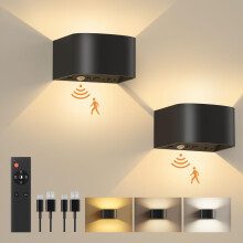 FULEN Wall Lights with Motion Sensor, Remote Control, 3 Colors, Up and Down Indoor LED Wall Sconces, On and Auto Modes, 5000mAh Rechargeable Battery