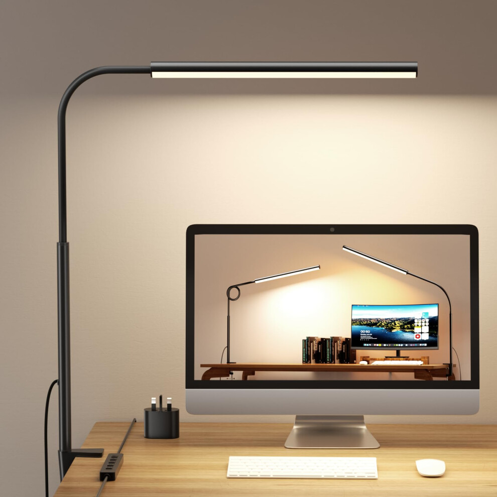 Whw3win Led Desk Lamp With Clamp - Flexible Gooseneck - 5 Lighting Modes, 11 Brightness Levels, Timer & Memory, Eye-Comfort Study/Nail Light, 12W Ada