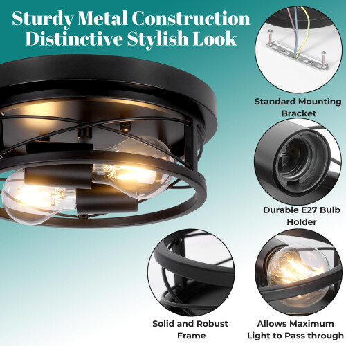 GIGGI Round Black Ceiling Light, 2-Way Ceiling Lights with E27 Flush Light Fittings Ceilings, Ceiling Lighting for Chandeliers Ceiling Light, Ceiling 2