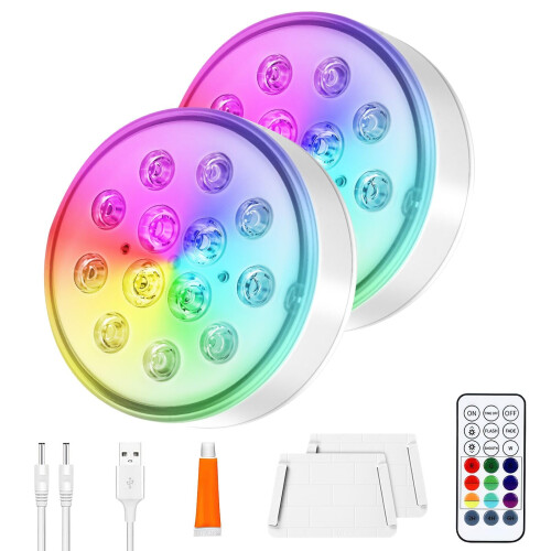 vsshe Pool Lights, 2 Pack Rechargeable Submersible LED Lights with Remote, IP68 Waterproof 16 Colors Changing, Timer function Underwater Pool Light,