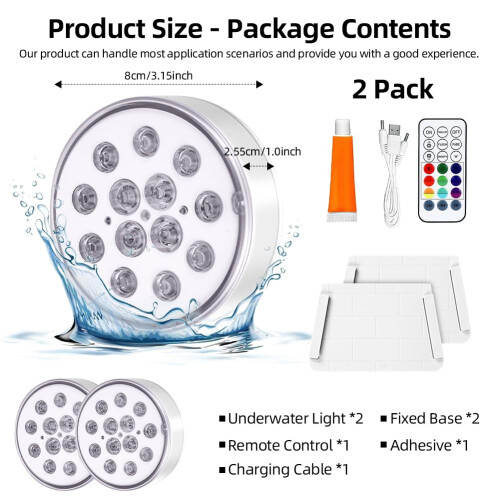 vsshe Pool Lights, 2 Pack Rechargeable Submersible LED Lights with Remote, IP68 Waterproof 16 Colors Changing, Timer function Underwater Pool Light, 1