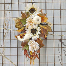 Artificial Pumpkins Wreaths White Sunflower Autumn Wreath with Leaves Flower Fall Door Garland Thanksgiving Theme
