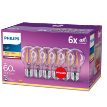 Philips LED Premium Classic A60 Light Bulbs 6 Pack [E27 Edison Screw] 7W - 60W Equivalent - Warm White (2700K), Non Dimmable.