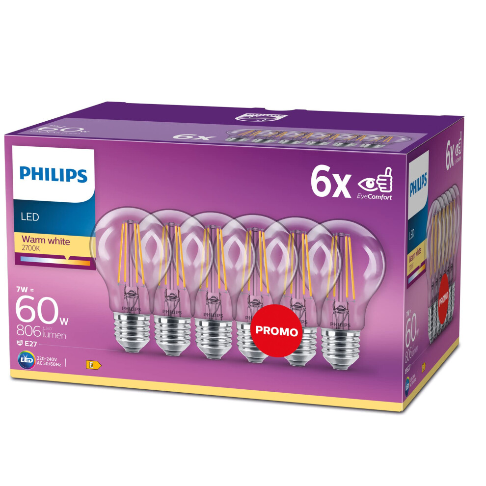 Philips Led Premium Classic A60 Bulbs 6 Pack [E27 Edison Screw] 7W - 60W Equivalent - Warm (2700K), Non Dimmable. Light/White