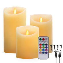 LED Real Wax Candle Lights, 3 Pack Warm White Plus Multicolor Flameless Real Wax USB Charging Electric LED Moving Wick Flickering Candle Lights with