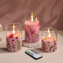 Eywamage Pink Floral Glass Flameless Candles with Remote,