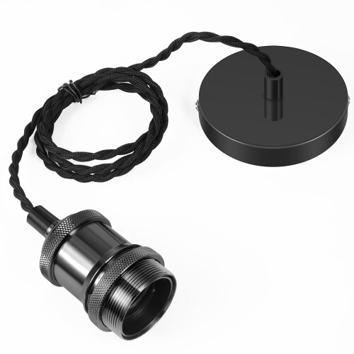 Licperron Vintage Pendant Light Fitting Kit, Braided Flex Ceiling Lamp, E27 Light Fitting Kit - Silver Black. 1pack 2