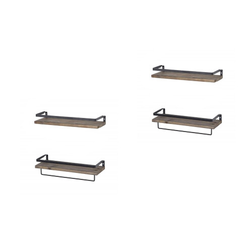 2Pcs Iron and Wood Floating Wall Mounted Storage Rack Brown Finish 2