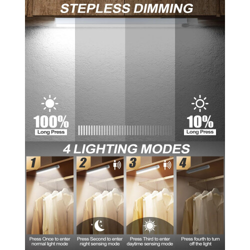 KALAHOL Under Cabinet Kitchen Lights 4 Pack, 4 Modes, USB Motion Sensor Cupboard Light, USB Type-C, Stepless Dimming, with Magnetic Sticker, for 1