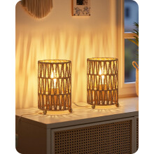 GOEBLESON Small Rattan-Style Table Lamp Set of 2, Handwoven Paper Rattan Lampshade, 4W 2400K LED Bulb Included, Boho Bedside Lamp, Desk Lamp for Livin