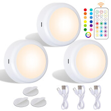 Sgizoku Rechargeable RGB Puck Lights with Remote,Battery Operated Push Light,600mAh USB Chargable Dimmable Touch Under Cabinet Kitchen Lights Magneti