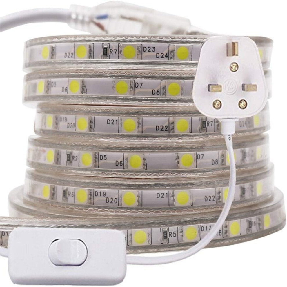 Gql 8M 5050 Led Strip White With Switch (80Cm Cable), Mains Powered Smd 60Leds/M Commercial Rope Light, Ip65 Waterproof For Indoor/Outside Decoration 85175938