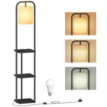 VASAGLE Floor Lamp with 3 Shelves, Standing Lamp with LED Bulb, Foot Switch, Fabric Lampshade, for Living Room and Bedroom, Ink Black LFL001BD03